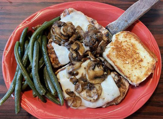 Monterey Jack Chicken Dinner with the garlic bread and green beans. (Salad is in another photo with the soup)