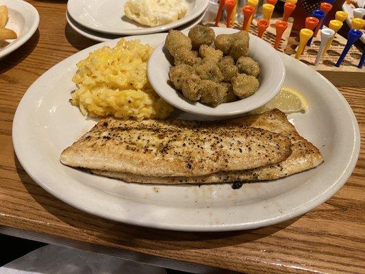 Lemon trout with fried okra and cheesy hash brown casserole