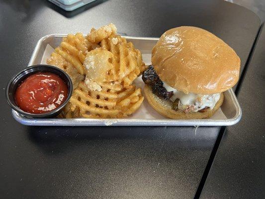 Philly burger and garlic parm fries