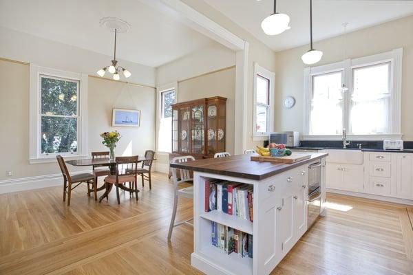 A smart idea for your next kitchen upgrade, is an island with shelves for cookbooks.