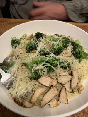 Broccoli and chicken over angel hair