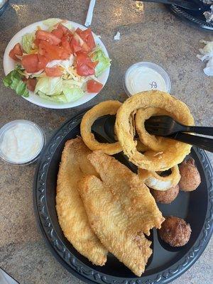 Fried Flounder with onion rings and side salad