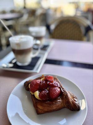 Strawberry danish and lattes on the patio