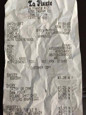 Receipt to show prices.