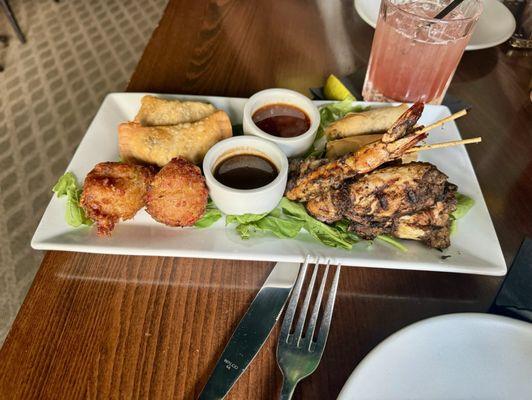 Sharing Plate jerk shrimp wings Oxtail Empanadas Codfish Fritters vegan Spring Rolls. Awesome