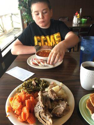 Veggie soup, ribs and potatoes, green beans, carrots lunch special