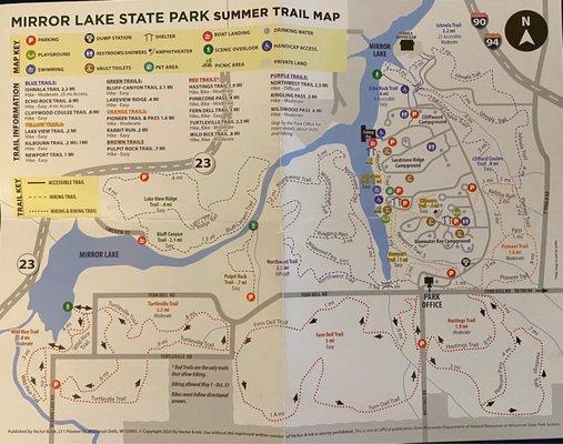 Summer Trail Map (front) of Mirror Lake State Park. (May, 2023).