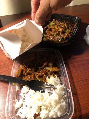 Mongolian Beef and a side of rice. $18. Portion is plentiful. The taste was great