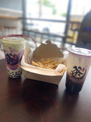 Matcha Ube, Chicken Popcorn and French Fries and and a Coffee Milk Tea