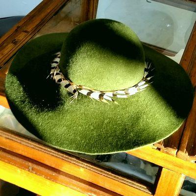 A beautiful bottle green felt ladies hat , with a single pheasant feather as trim .