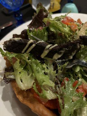 Baja steak salad with violently overcooked steak.