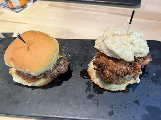 Muenster slider and chicken and biscuit with jalapeño honey.