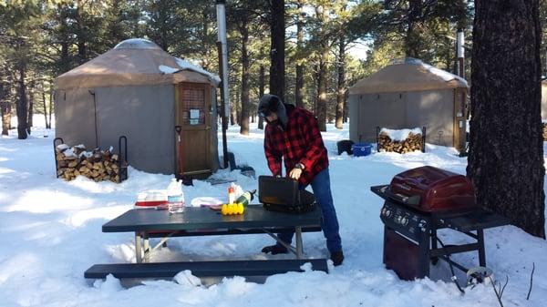 Cooking breakfast outside my Yurt.