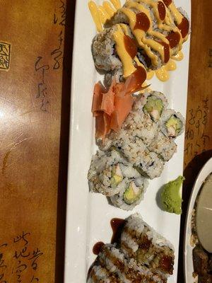 Shrimp tempura, spicy tuna, California roll