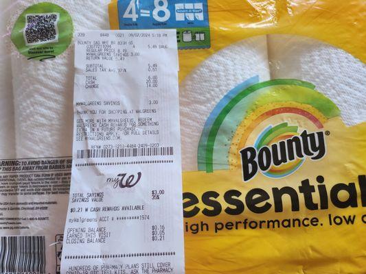 Bounty paper towl $5.49 after tax is $6.00