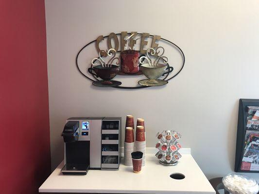 Coffee bar area with nice selection of K-Cups, sweeteners and creamers