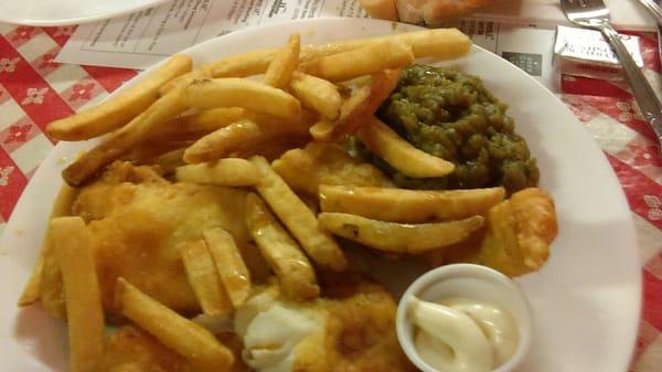 Fish chips and mushy peas. luv it.