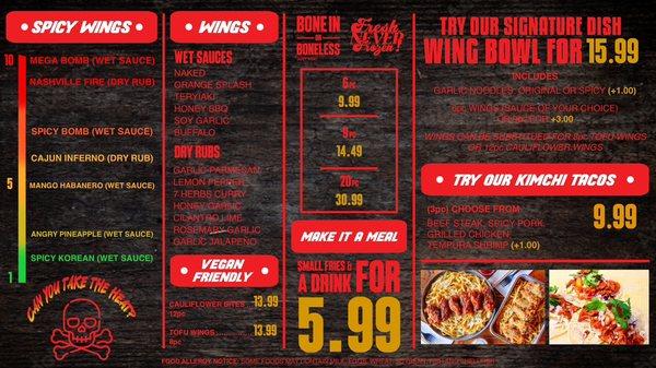 Menu for the best wings in town