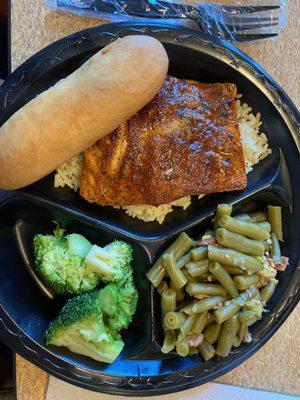 Blackened salmon with lower cal veggies.