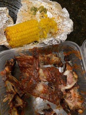 Dry brittle rack of ribs and so called street corn with Mayo