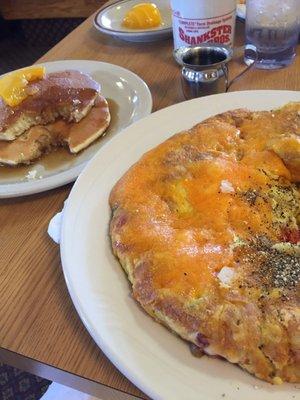 This is the veggie frittata (I subbed cheddar for mozzarella) with a side of pancakes. I put the peach on the pancake- delish!