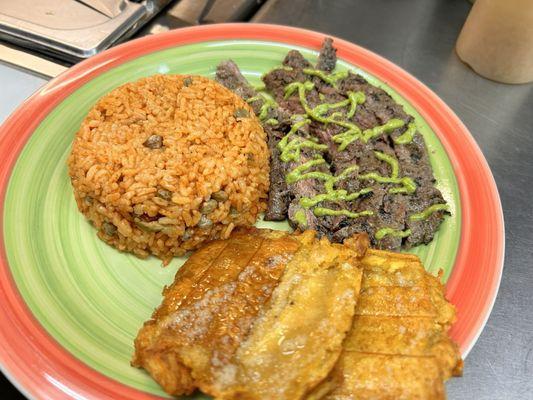 Churasco w/ Spanish rice and tostones