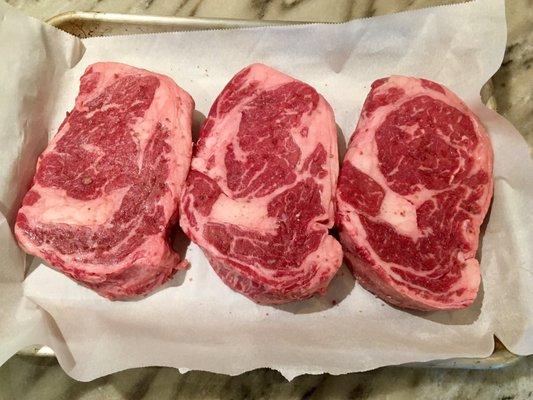 Wagyu Ribeye Steaks (out of the packaging and salted)