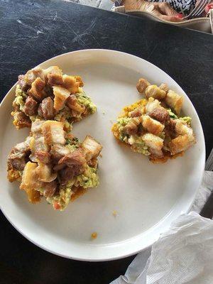 Chicharrón Basket Tostones (Fried Plantains) with guacamole and pork rinds