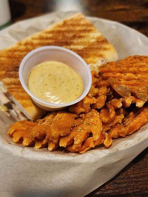 Raspberry grilled cheese with chicken and waffles fries with garlic aioli