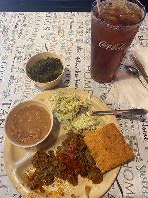 Meatloaf, pinto beans, turnip greens, slaw, cornbread and ice tea. All the things a growin boy needs.