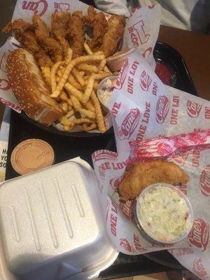 6 pic caniac combo $11.?? Kids combo 2pc Chx, fry and drink $4.99 extra chx strip $1.25 extra coleslaw $0.89