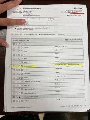 Here is the Ocellos scan showing that they were 100% aware of the misfire. They will not give me a reciept of what was actually done.