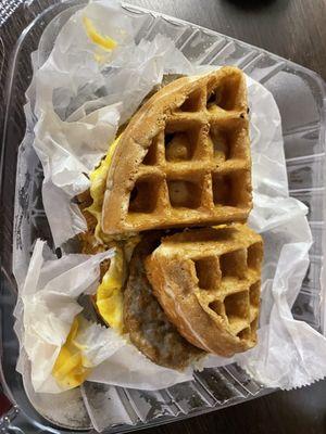 Sausage egg and cheese on a waffle.