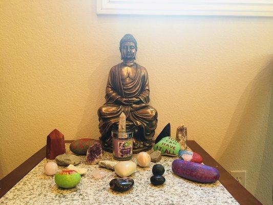 Buddha and crystals table