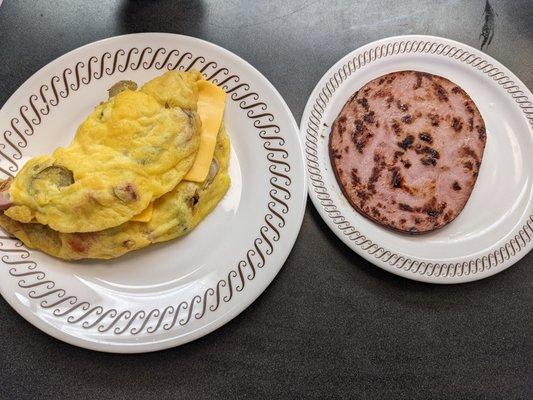 Fiesta omelet and city ham at the Waffle House, Canton