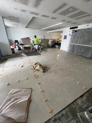 Flooring and drywall ceiling finish