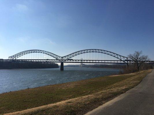 The double-decked Sherman Minton Bridge carries I-64 traffic east/west to and from Kentucky and Indiana.