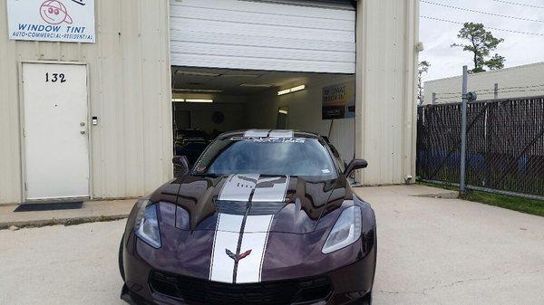 Full Front Paint protection wrap install with a set of silver metallic stripes.