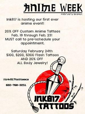 Ink817's FIRST ANIME EVENT!  February 2024!  Call us at 682-760-3251 for all the details!