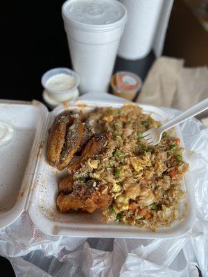 Hot Garlic Parmesan wings with shrimp fried rice.