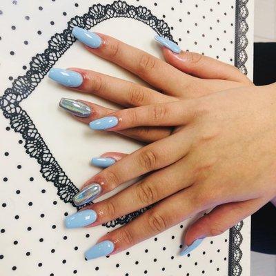 Baby blue with chrome acrylic nail by Melody