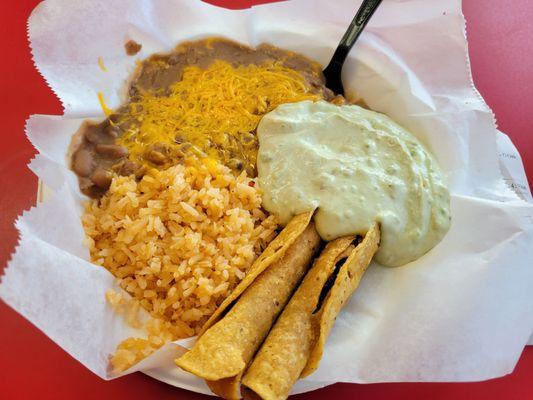 Taquitos (shedded beef) Value Meal with something they call guacamole.