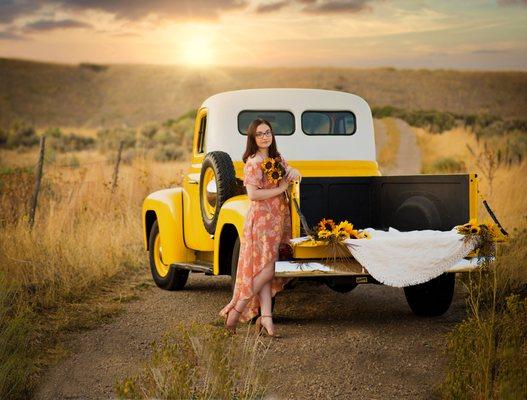 Girl with vintage truck graduation senior portraits in Herriman, Utah