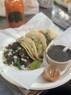 Papas, asada, and tinga plus black beans