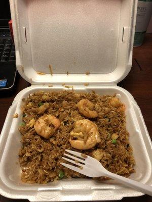 Shrimp fried rice. Decent sized shrimp but honestly it tastes like other shrimp fried rice that I've had. Not bad. But not any different.