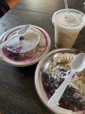 Pretty in pink bowl without coconut, island bowl, iced almond milk latte with hazelnut