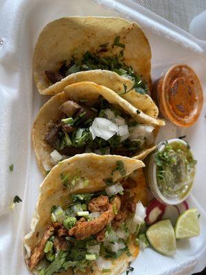 Lengua, carne asada & Al pastor tacos