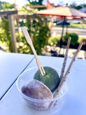 Passion fruit and green tea Mochi with pocky sticks