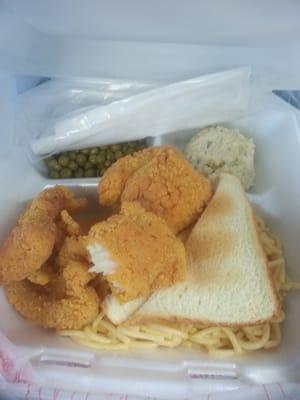 Fish plate!!!! SPAGHETTI AND CHEESE, POTATO SALAD, and peas