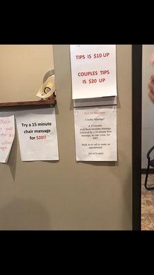 Just know that a tip is EXPECTED. Entitlement at it's finest. There is also another reminder in each massage room.